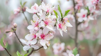 Obraz premium Planting almond trees with white and pink blossoms in an orchard
