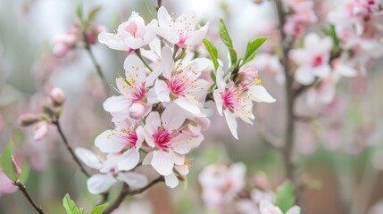 Planting almond trees with white and pink blossoms in an orchard