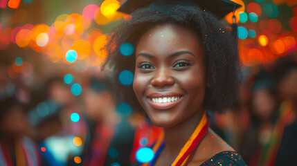 Black american young woman wearing a graduation cap dancing at the party. Festive bokeh background - 786565972