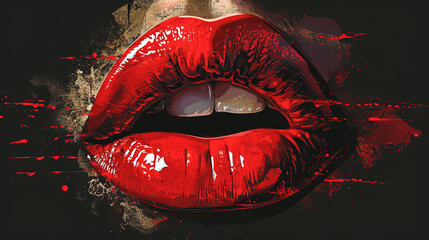 Beautiful Portrait of Woman Lips With Splashed Red Liquid Paint Color Lipstick Oil Painting