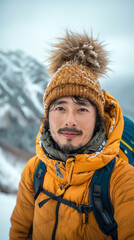 Happy Asian hiker man taking selfie portrait on the top of mountain, vertical format - 786566159