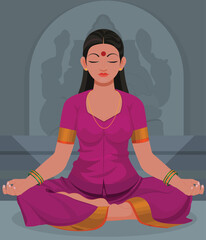 Indian woman meditating in old temple, Indian priestess is sitting and doing meditation