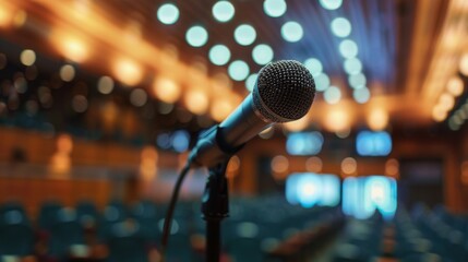 Close-Up of Microphone on Stage With Bokeh Lights - obrazy, fototapety, plakaty
