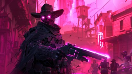 Cyberpunk Outlaw In Neon City - obrazy, fototapety, plakaty