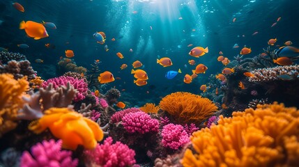 Fototapeta na wymiar Vibrant underwater coral reefs with tropical fish for a lively and colorful wallpaper. AI generate illustration