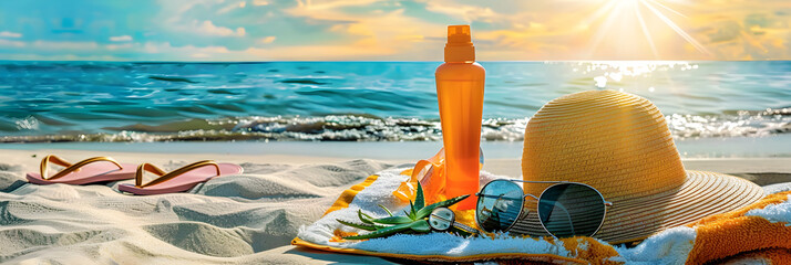 Sun Protection and Overexposure Treatment Methods: Sunscreen, After-sun Lotion, and Aloe Vera on the Beach
