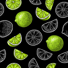 Seamless pattern fresh whole and slice lime. Isolated on white