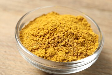 Curry powder in bowl on wooden table, closeup