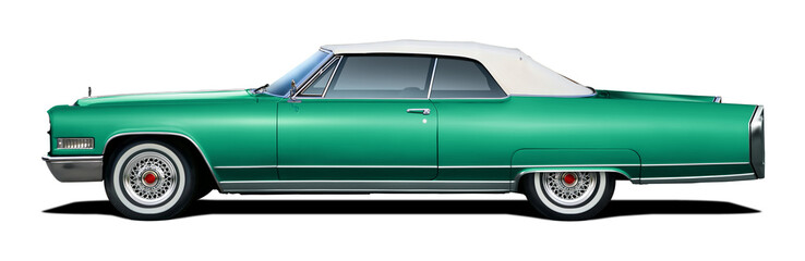 Classic American luxury car in blue green color. With a convertible body and white soft top.