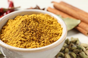 Curry powder in bowl and other spices on table, closeup