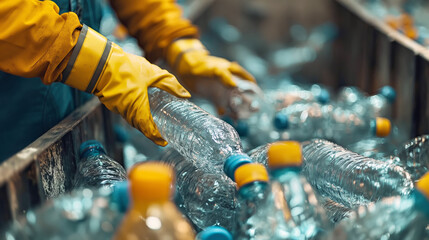 Workers in protective gear sorting plastic bottles on a conveyor for recycling