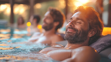 Attractive men with smile enjoys atmosphere of hot tub at sunset, relaxation and self-care - 786567532