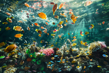Marine Life Amidst Plastic Pollution Underwater Scene