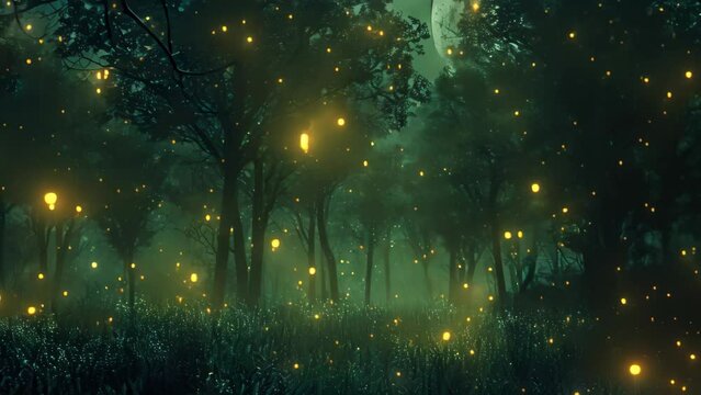 A forest filled with numerous yellow lights, casting a serene glow on the trees and foliage, Dark forest bathed in moonlight, decorated with magical glowing orbs
