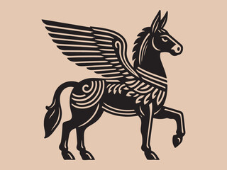 Mythical donkey with wings. Beautiful vintage engraving illustration, emblem, icon, logo. Black lines	