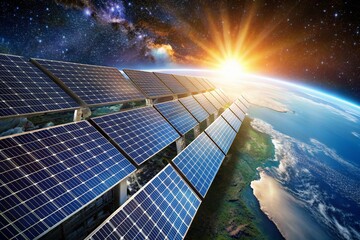 A solar panel array is shown in the sky above the earth