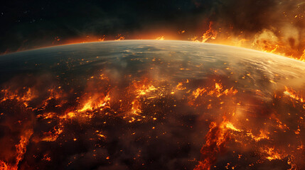 Dramatic image of a planet's surface consumed by fire, depicting a powerful apocalyptic or environmental disaster scenario.