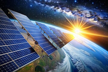 A solar panel array is shown in the sky above the earth