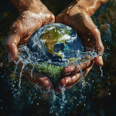 Vivid imagery of hands washing a vibrant Earth globe, with clear water flowing and splashing, symbolizing environmental care and cleanliness..