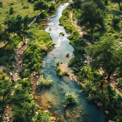Aerial View of People by a Lush River Walkway.