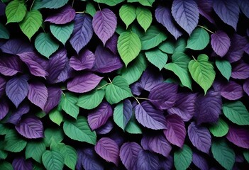 Dark purple leaves densely covering the frame with subtle variations in hue and some leaves having green stems - obrazy, fototapety, plakaty