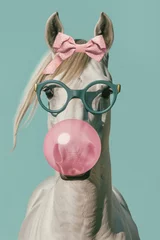 Foto op Plexiglas Quirky equestrian charm - a white horse with glasses blowing a pink bubble © paffy