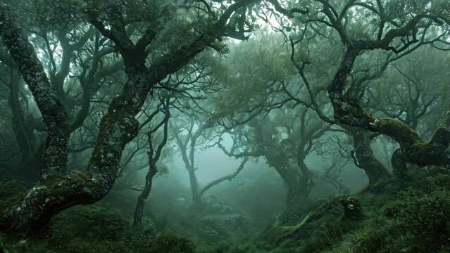 A densely populated forest with numerous trees completely covered in a thick fog, Dense fog covering an ancient woodland