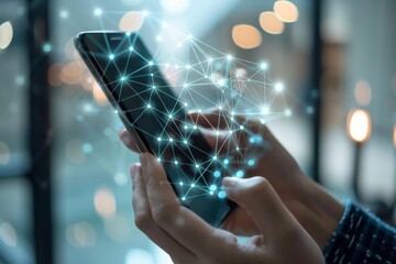 Smartphone with network dots technology created with generative ai