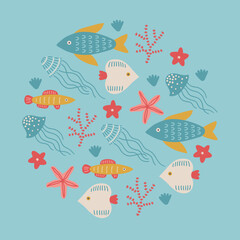 Ocean greeting card with fishes, starfishes, corals, jellyfish, seaweed
