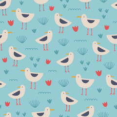 Ocean seamless pattern with seaweeds and seagulls on blue background