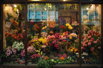 Fototapeta na wymiar Flower Shop Window Display of Assorted Blooms