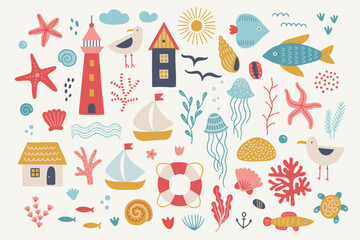 Ocean design elements -  fish, house, shell, coral, seagull, jellyfish, seaweed
