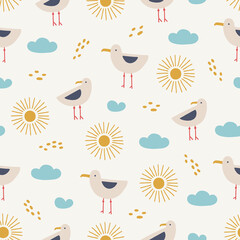 Ocean seamless pattern with sun, clouds and seagulls. Vector illustration
