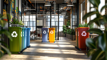 Modern Office Space with Recycling Bins - obrazy, fototapety, plakaty