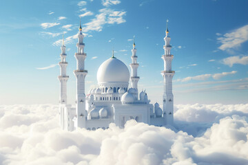 A majestic mosque rendered in 3D, suspended above ethereal clouds against a clear blue sky.