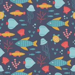 Ocean seamless pattern with jellyfishes, fishes, corals, turtles, shells, seaweeds