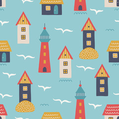 Ocean seamless pattern with houses, lighthouse and seagulls. Vector illustration