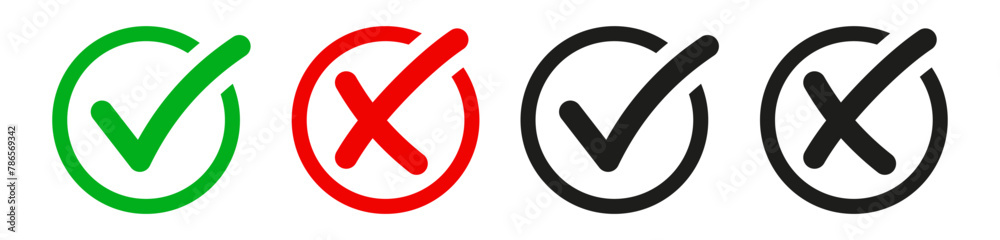 Aufkleber check mark icon button set. check box icon with right and wrong buttons and yes or no checkmark icons in green tick box and red cross. vector illustration	

