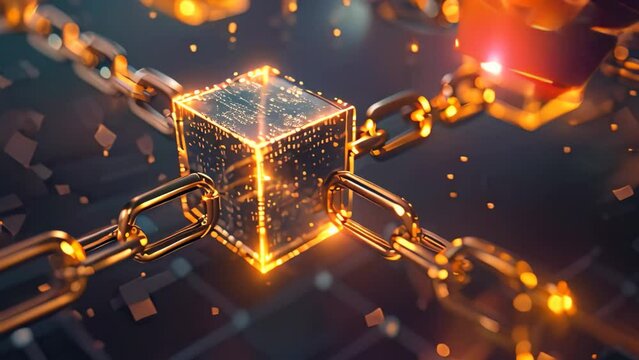 A shiny golden cube with metal chains wrapped tightly around it, creating an intriguing visual contrast, Digital blocks interlinked, symbolizing blockchain