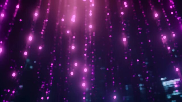 This photo showcases a vibrant blue and pink background filled with numerous tiny dots, Digital code raining down in a matrix style