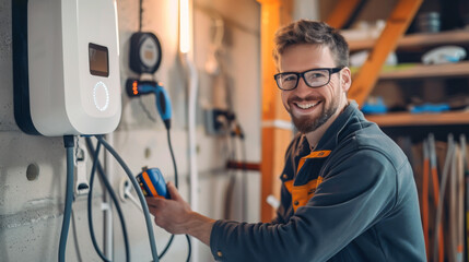 Portrait of a male electrician. A man in a vest is smiling and holding a hose. He is standing next to a white power station