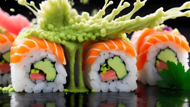 A perfect sushi made out of wasabi and fish explosion, surreal, macro photography.