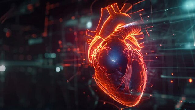 Computer Generated Video of a Human Heart in Cross-section Showing Detailed Anatomy and Blood Flow, Digital twin hologram of human heart beating