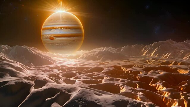 Fantastic lunar surface with view of Jupiter planet at night in deep space