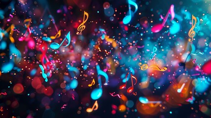 colorful vibrant musical notes, neon, bokeh