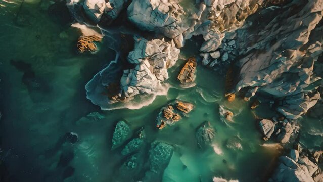 This photo captures an aerial view of a body of water surrounded by rocks, depicting the natural landscape, Dramatic aerial scenery of azure sea surrounding rugged rocks