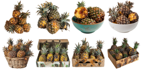 Rotten pineapple png collection in 3d transparent for product presentation.