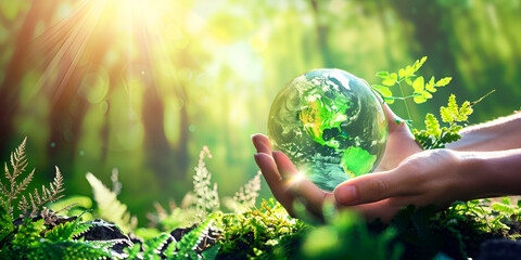Hands holding glass green planet on sunny sunset background Concept of environment world earth day banner