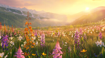 A dreamy landscape of a meadow bathed in golden sunlight, where delicate orchids and lilies sway in...