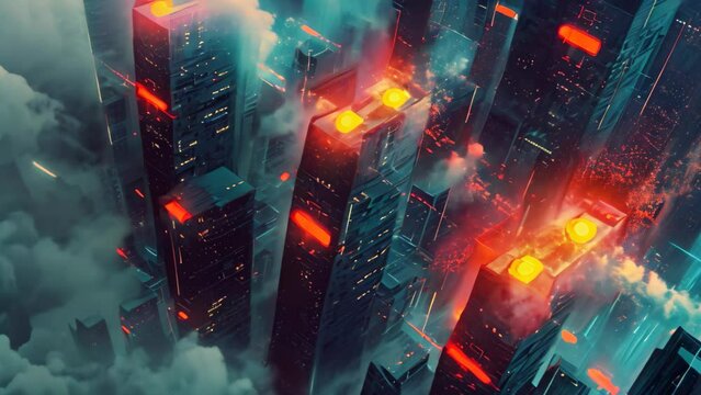 A digital painting depicting a city illuminated by vibrant red lights, Dynamic art displaying several firewalls warding off threats